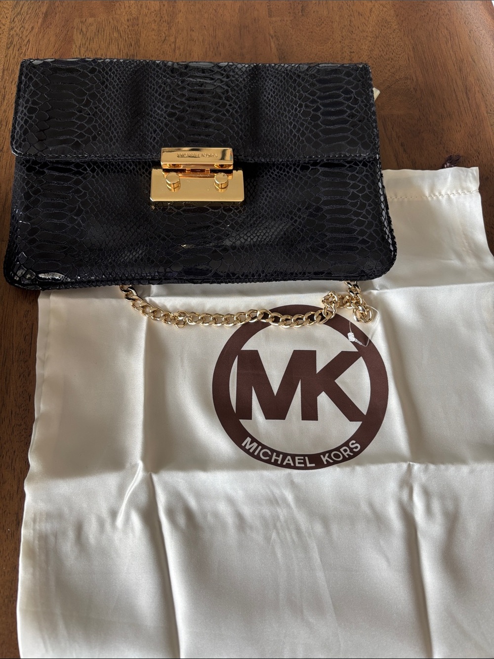 Michael Kors Black Snake-Embossed Shoulder Bag with Gold Chain - Picture 4 of 4